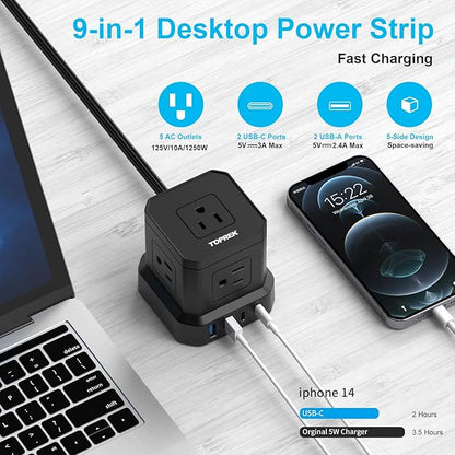 TOPREK Power Strip with USB, USB C (3.0A) Power Strip with 5 Outlets, 2 USB-C & 2 USB-A, 5 FT Flat Extension Cord with Ultra Thin Flat Plug, Surge Protector Compact for Home Office, Dorm, Hotel Travel