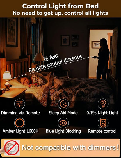 LED Sleep Amber Light Bulbs with Remote Control, 1600K E26 Circadian Light Bulb A15, 5W(40W Equivalent) for Sleep Therapy, Baby Nursery, Bedroom (4 Packs)