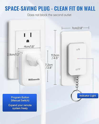 Remote Control Outlet with Two Switches, WILAWELS Wireless Light Switch with Magnetic Base, On Off Remote Outlet Switch, 100ft RF Range, 15A/1875W, Pre-Programmed, FCC Listed W10RC2106