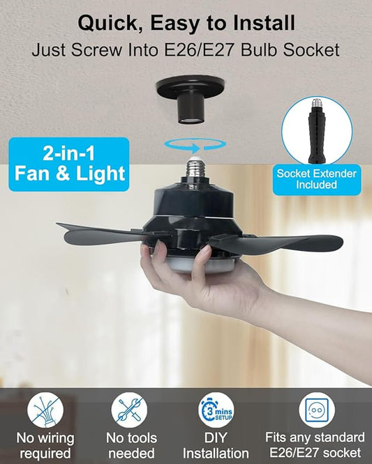 Ligency Smart Socket Fan Light with Remote, 16 inch Small Socket Ceiling Fan Light with RGBW, E26 Screw in Ceiling Light Bulb Fan, 1800Lm, Work with Alexa & Google Assistant for Garage Bedroom, Black