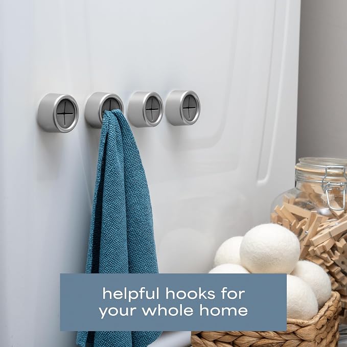 S&T INC. Adhesive Push Towel Hooks, 4 Pack, Brushed Silver | 2 Installation Options, Round Hooks for Kitchen, Bathroom, Garage and Home Use, Organization Hooks, Strong Grip
