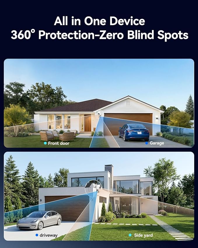 Dual Lens Solar Security Cameras Wireless Outdoor, 4MP 360° Pan/Tilt WiFi Camera with Auto Tracking, Color Night Vision, PIR Alarm, Two-Way Audio, Easy Install for Home Security