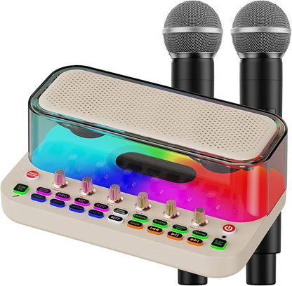 Portable Karaoke Machine with 2 Wireless Microphones, Bluetooth PA System Speaker with EQ Control, Vocal Removal, Noise Reduction, Reverb & Sound Effects, for Singing/Live Streaming/Gaming/Home Party