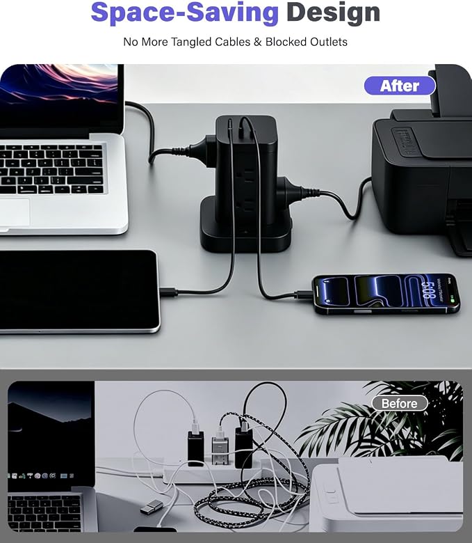 Power Strip Surge Protector, Fast Charging PD20W USB-C Tower, Black, 10FT | 8 AC Outlets with 2 PD20W USB-C & 1 USB-A Tatal 11 Outlets; Extension Cord for Multiple Devices; for Home Office Dorm Room