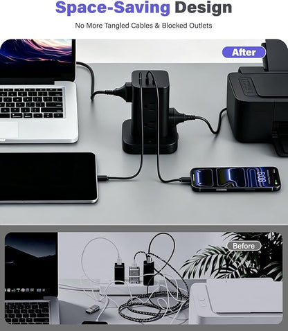 Power Strip Surge Protector, Fast Charging PD20W USB-C Tower, Black, 10FT | 8 AC Outlets with 2 PD20W USB-C & 1 USB-A Tatal 11 Outlets; Extension Cord for Multiple Devices; for Home Office Dorm Room