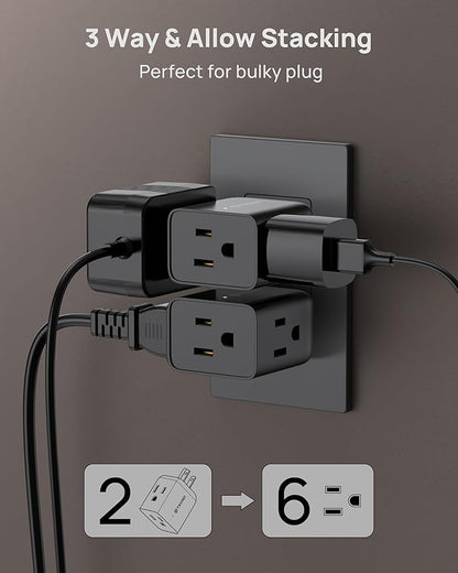 TROND Multi Plug Outlet Extender 2 Pack - ETL Listed Horizontal Electrical Wall Outlet Splitter, 3 Way Plug Extension Outlet Adapter, Multiple Plug Extender for Travel Home Kitchen Bathroom, Black