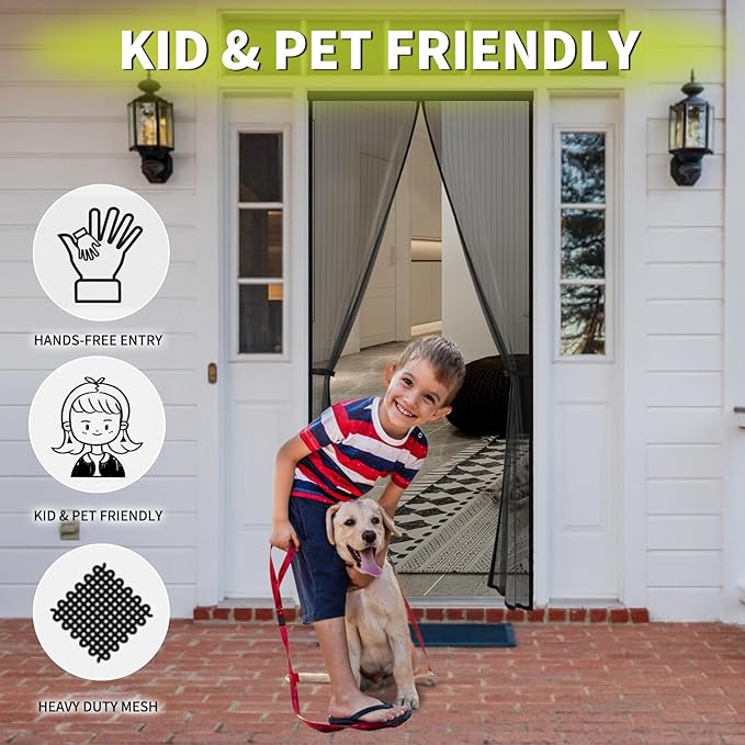 Magnetic Screen Door - Fits Door Opening 38 x 80 in, Actual Screen Size 40"x82", Hands Free Mesh Partition, Heavy Duty Curtain Keeps Bugs Out, Frame Hook & Loop, Pet and Kid Friendly