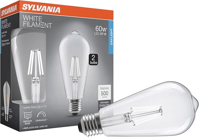 Sylvania ST19 Clear LED White Filament Bulb, 5W, Dimmable, 500 LMS, Medium Base, 5000K, Daylight - 2 Pack (42175)