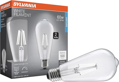 Sylvania ST19 Clear LED White Filament Bulb, 5W, Dimmable, 500 LMS, Medium Base, 5000K, Daylight - 2 Pack (42175)