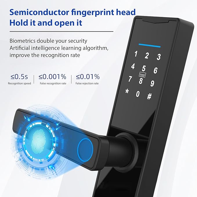 WiFi Smart Lock, Tuya Smart Fingerprint Lock, Door Lock Keypad, Door Lock with Handle Fingerprint Electronic Deadbolt, Smart Door Lock Compatible with Tuya APP for 38-55mm Thickness Home Door