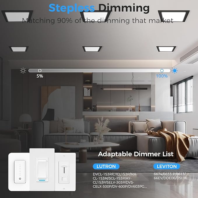 HONZIN 2 Pack 8 Inch Square LED Recessed Lighting, Ultra-Thin Canless Ceiling Light, 5CCT Selectable 2700K/3000K/3500K/4000K/5000K, 20W Dimmable, IC Rated with Junction Box, Black Trim
