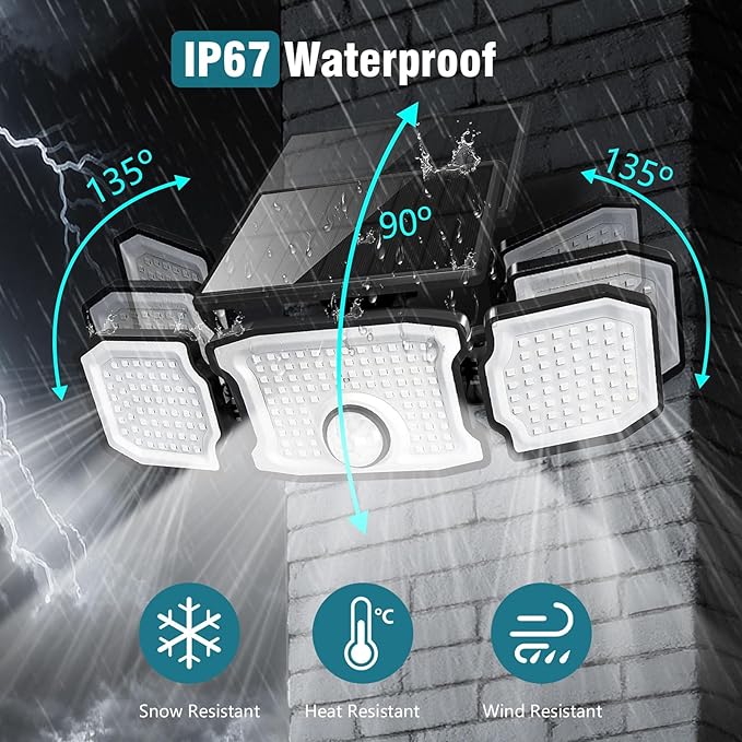 Solar Lights Outdoor Waterproof- 2800LM 200LED Solar Motion Sensor Lights, 3 Heads & 3 Modes Flood Lights, 270° Wide Angle Solar Powered Security Lights for Yard(1 Pack)