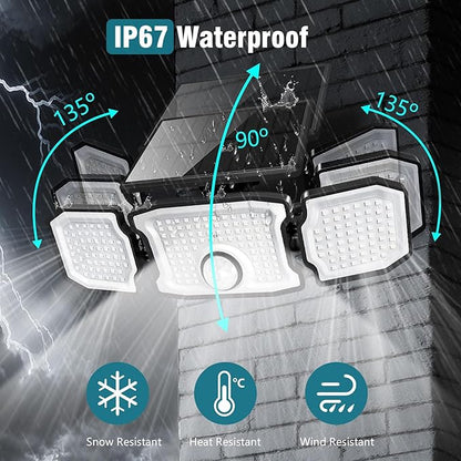 Solar Lights Outdoor Waterproof- 2800LM 200LED Solar Motion Sensor Lights, 3 Heads & 3 Modes Flood Lights, 270° Wide Angle Solar Powered Security Lights for Yard, Garage(1 Pack)