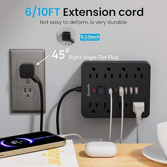 Surge Protector Power Strip, 8 Outlets(1850W/15A/14AWG), 6 USB Charging Ports(2 USB C), 15FT Flat Plug Extension Cord Outlet Extender with Overload Protection, ETL Certified for Office