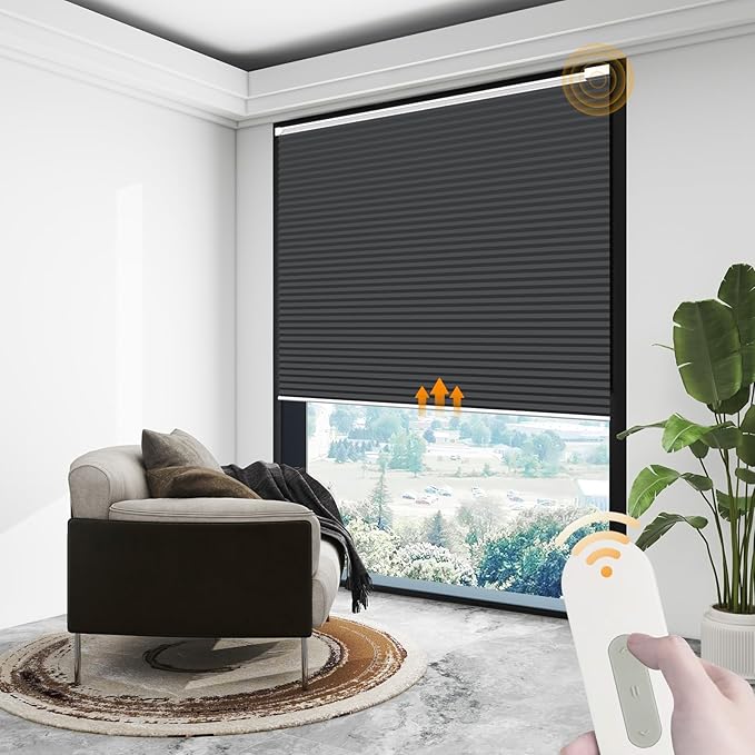 Motorized Cellular Shades Cordless Blackout Rechargeable Window Shades with Remote for Privacy Protection Smart Home Electric Curtains Automatic Honeycomb Blinds for Windows, 32" x 48", Black
