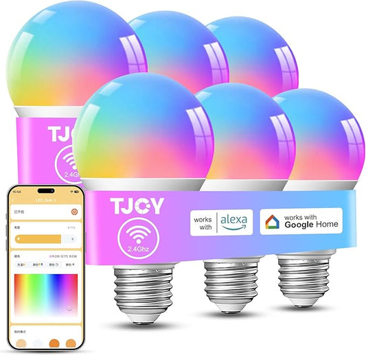 TJOY Smart Alexa Light Bulbs, Bluetooth WiFi Led Bulb Compatible with Alexa &Google Assistant, RGB Color Changing Bulbs, Music Sync, 9W(60W Equivalent), A19 E26 800LM(2.4Ghz WiFi only), 6 Pack