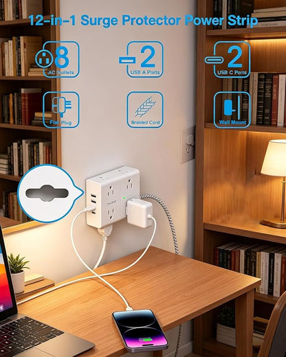 10 Ft Flat Plug Extension Cord with Multiple Outlets, Surge Protector Power Strip 10 Ft Long Cord, 8 Outlet 4 USB Ports (2 USB C), Multi Outlet Wall Plug for Office, College, Dorm Room Essentials