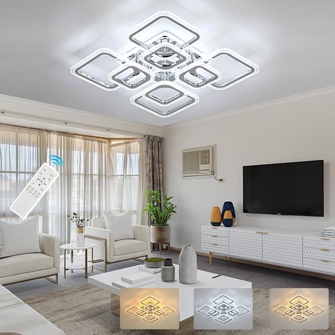 Modern Bedroom & Kitchen Ceiling Light, 80W Dimmable LED, 8 Squares, 3000-6000K, Chrome