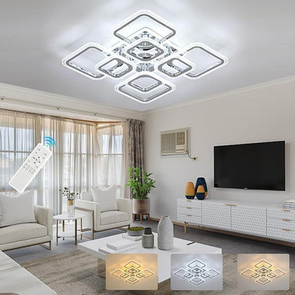 Modern Bedroom & Kitchen Ceiling Light, 80W Dimmable LED, 8 Squares, 3000-6000K, Chrome