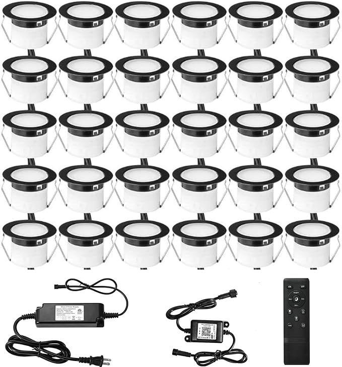FVTLED WiFi LED Deck Lights Kit RGBW, 30pcs Φ1.77 Smart Phone Control Low Voltage Recessed Muticolor & Warm White Soffit Yard Path Stair Decor Lamp Fit for Alexa Google Home, Black Shell