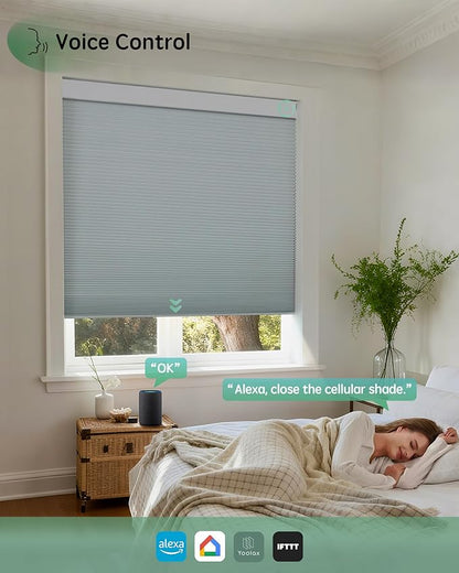 Yoolax Motorized Cellular Shades Compatible with Alexa, Blackout Smart Honeycomb Blinds with Remote for Indoor Windows, Automatic Honeycomb Shades for Bedroom Office, 22" W x 72" H (White)