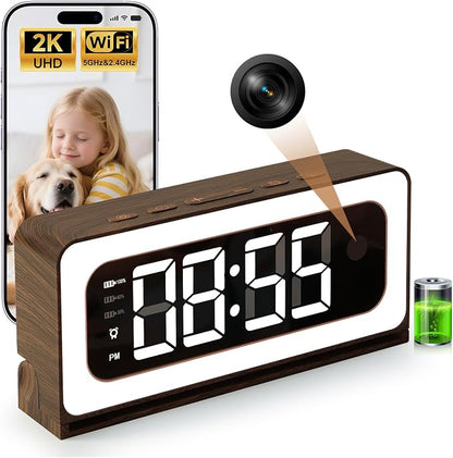 Clock Camera,Wood Grain,5G/2.4GHz WiFi Nanny Cam w/Alarm,2K Indoor Secuirty Camera,Color Night Vision,Dimmable Night Light, AI Human Detection,5200mAh Rechargeable Battery,SD & Cloud Storage,Pet,Baby