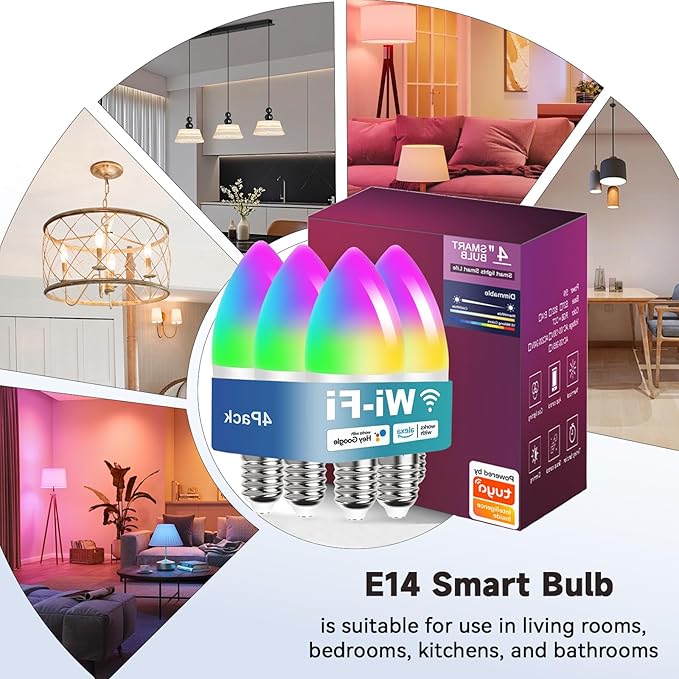 4 Sets E14 5W RGBCC smart Light Bulbs with Adjustable Color Temperature Compatible with Alexan Google Assistant, 14MM Small Base Candle Light Suitable for Parties or Home Decoration
