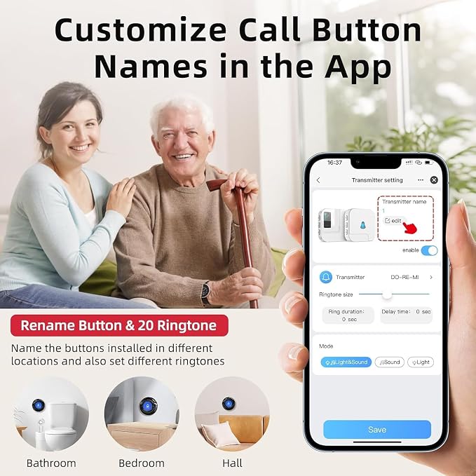 CallToU Wi-Fi Wireless Caregiver Pager Call Button for Elderly at Home, APP Emergency Alert Fall Help System for Seniors, Patients/Disabled Monitoring at Home (Black 4+1)
