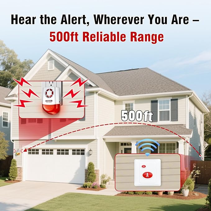 Daytech Wireless Emergency Alarm System-120dB Strobe Siren with Panic Buttons, 500ft Range, Waterproof Security Kit for Business/Home/Hotel/School (1 Red Siren+2 Buttons)
