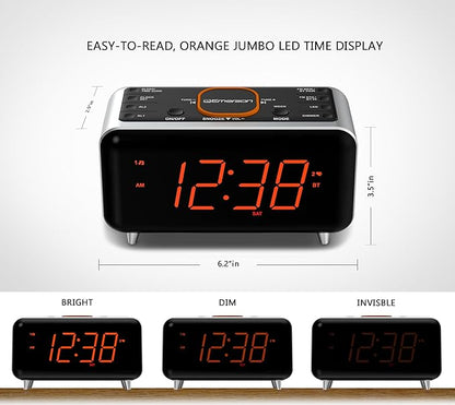 Emerson CKS1521 SmartSet Bluetooth Dual Alarm Clock Radio with 1.4” Orange LED Display, USB Charger, FM Radio, AUX Input, Auto-Dimmer, and Orange Accent Light