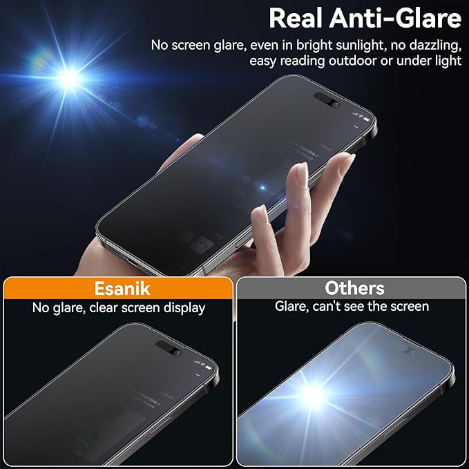 Esanik 2 Pack for iPhone 15 Pro Matte Privacy Glass Screen Protector Anti-Glare & Anti-Spy,Anti-Reflection, Smooth as Silk, Military-Grade 9H Hardness,Flawless Fit Tray