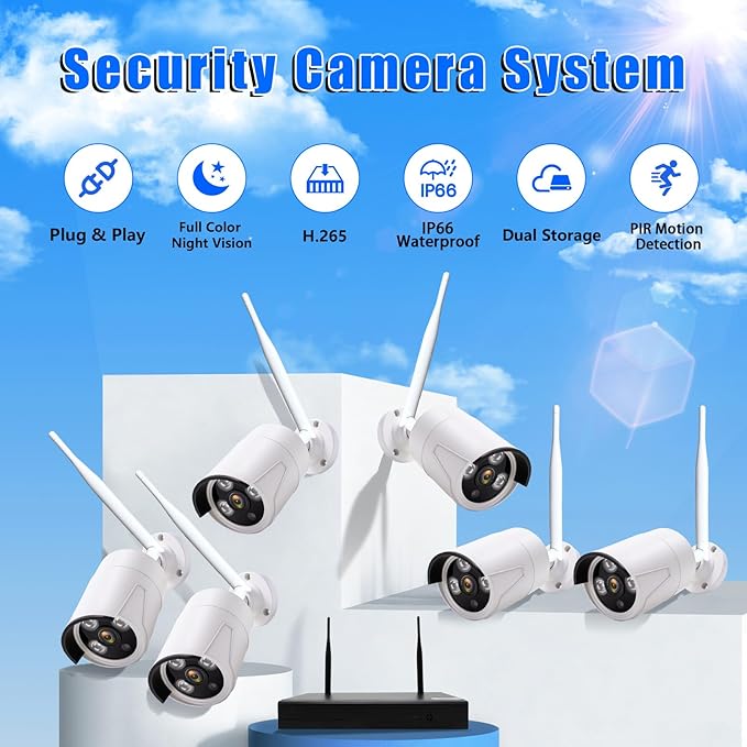 3MP Wireless Security Camera System – 6 Wi-Fi Bullet Cams + 10CH NVR, 15m IR Night Vision, IP66 Weatherproof, H.265, Plug-and-Play Indoor/Outdoor Surveillance, Mobile Alerts, Dual Storage