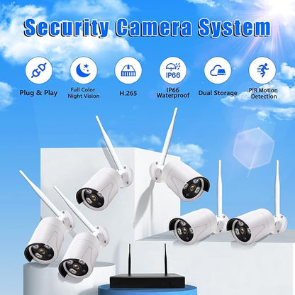 3MP Wireless Security Camera System – 6 Wi-Fi Bullet Cams + 10CH NVR, 15m IR Night Vision, IP66 Weatherproof, H.265, Plug-and-Play Indoor/Outdoor Surveillance, Mobile Alerts, Dual Storage