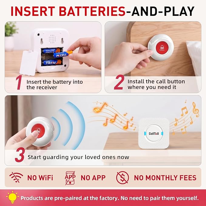 CallToU Wireless Caregiver Pager 2 Call Buttons+2 Battery-Powered Receivers | Easy Setup, Loud Whole-Home Alerts, Peace of Mind, Waterproof Call Button for Elderly, Seniors, Patients and Home Caregivers