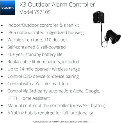 YoLink X3 Version Outdoor Alarm Controller, Ruggedized Battery-Powered Siren/Alarm/Relay Controller, Up to 1/4 Mile Open-Air Range, 110dB Siren, Alexa Assistant, Google, IFTTT, Hub Included