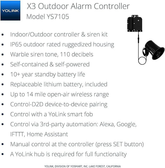 YoLink X3 Version Outdoor Alarm Controller, Ruggedized Battery-Powered Siren/Alarm/Relay Controller, Up to 1/4 Mile Open-Air Range, 110dB Siren, Alexa Assistant, Google, IFTTT, Hub Included