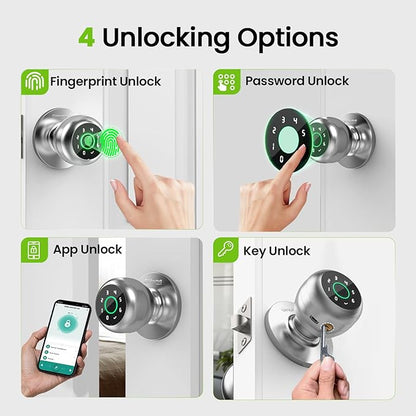 GHome Smart Fingerprint Door Lock, 4 in 1 Smart Fingerprint Door Knob with Keypad, App Control, Auto Lock, Biometric Door Knob with Lock for Bedroom, Apartment, Garage, Home & Office