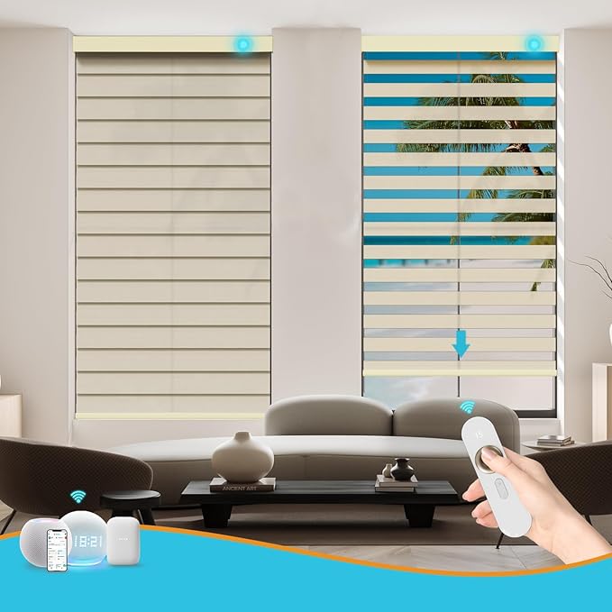 Motorized Zebra Blinds with Remote, Work with HomeKit Alexa, Smart Light Filtering Horizontal Automatic Electric Window Shades for Home Office Customsize(90% Blackout Wide Coffee)