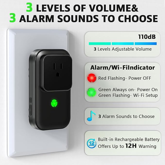 Power Failure Alarm WiFi, Freezer Power Outage Alarm with App Notifications & Loud 110dB & 3 Sirens, Smart Home Power Monitoring for GFCI Trips, Refrigerator, Sump Pumps, Aquarium