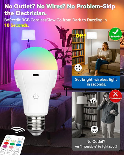 BoRccdit CordlessGlow Rechargeable Light Bulbs with Remote,5 RGB + 3 CCT Dimmable Battery Operated Light Bulb for Hardwired & Non-Wired Lamps Sconces,Presets + Custom Scenes,Up to 24 Hours, 4PK