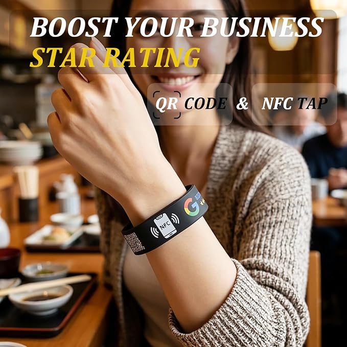 Smart NFC Social Media Wristband – Silicone QR Bracelet for Facebook, Instagram & Google Reviews | Waterproof | Lifetime Link Update | Analytics Dashboard (NFC-WB-GOOG-BLK-V1)