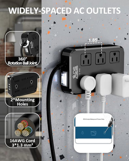Qiyuan Outdoor Power Strip Weatherproof, 6 Outlet 3 USB 10FT Extension Cord