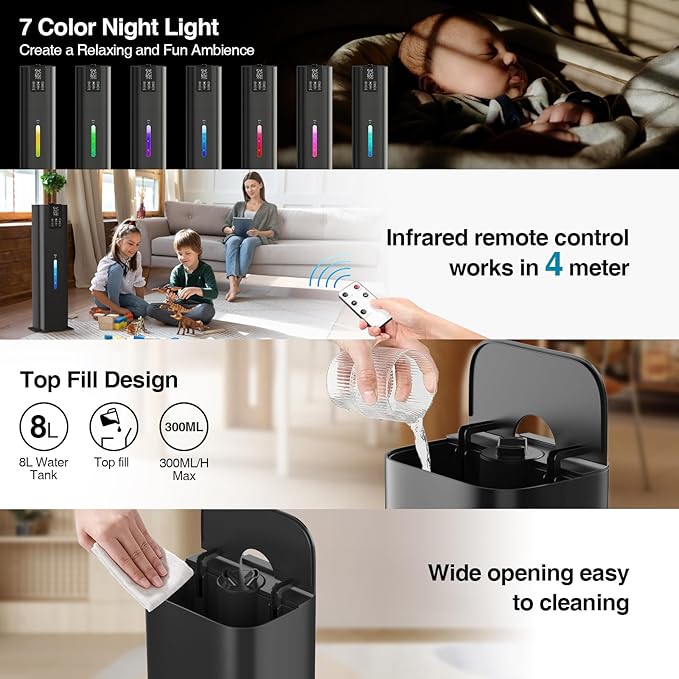 8L Smart Humidifier Large Room Bedroom Home, Quiet Top Fill Cool Mist Humidifier with Diffuser, Night Light, 3 Speed Humidifiers with 360° Nozzle, Timer, Humidity Setting for Plants Office Yoga Baby