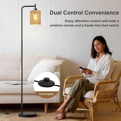 Oneach 66" Black Floor Lamp for Living Room, Boho Floor Lamp with Remote Control and LED Bulb, Rattan Shade, Industrial Tall Farmhouse Standing Lamp for Bedroom, Dining Room, Study Room, Office