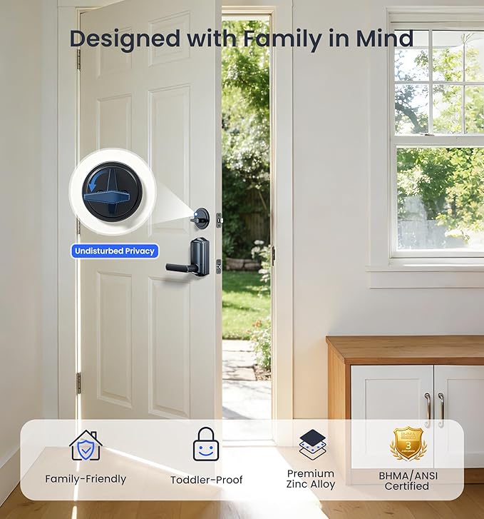 Veise VE029-E Wi-Fi Smart Lock with Handle & Non-Keyed Deadbolt, Fingerprint Keyless Entry Lock for Front Door, APP Remote Control, Keypad Electronic Digital Knob, IP65 Waterproof, Matte Black