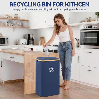 Recycling Bin for Kitchen, 26 Gallon 100L Indoor Home Recycle Bin with Lid and 2 Removeable Reusable Inner Bags, for Bottles, Cans, Glass, Plastic & Stickers, Blue