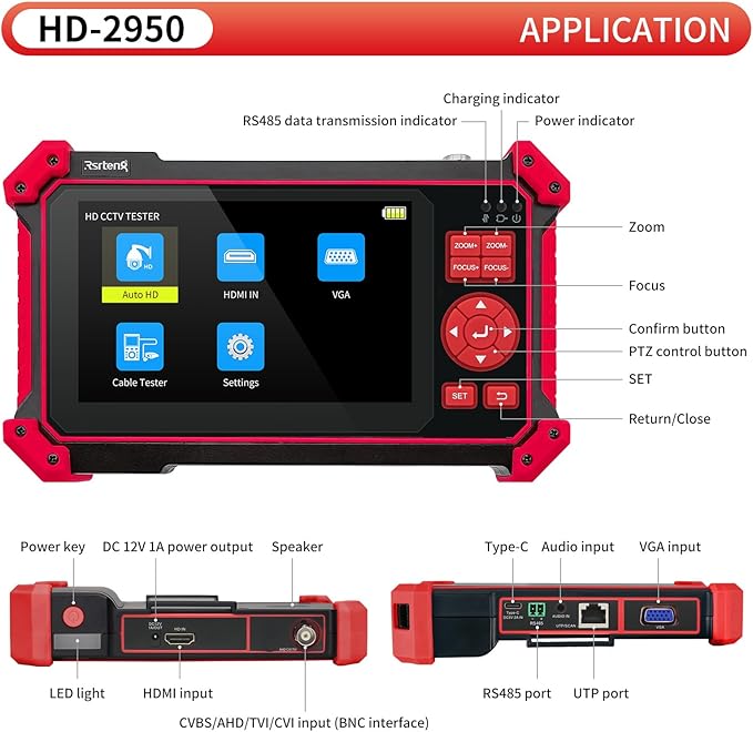 Rsrteng CCTV Tester Monitor Auto HD Coaxial Camera Tester 4K 8MP TVI/CVI/AHD/CVBS Video Monitor 5 inch TFT-LCD Screen Support Cable Tester, HD VGA Input PTZ Control RS485 OSD Menu DC12V Power Output