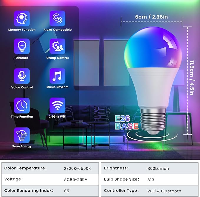 RGB Smart Light Bulb - WiFi & Bluetooth Color Changing A19 9W (60W Equivalent) 500LM - Music Sync Compatible with Alexa & Google Home for Party