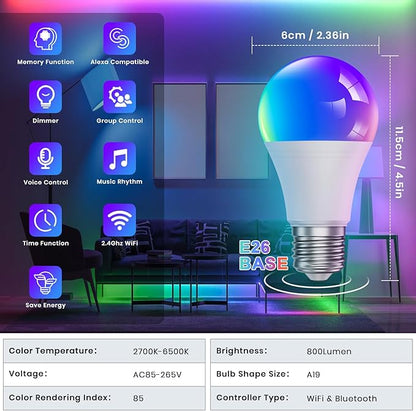 RGB Smart Light Bulb - WiFi & Bluetooth Color Changing A19 9W (60W Equivalent) 500LM - Music Sync Compatible with Alexa & Google Home for Party