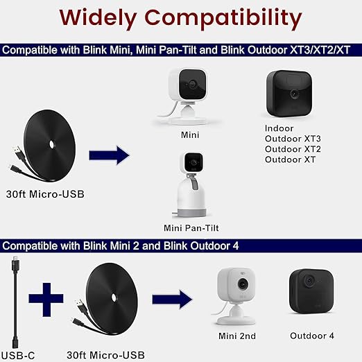 weishan 30ft USB C Cable Compatible with Blink Mini 2, Blink Mini and Blink Outdoor 4(4th Gen),(3rd Gen), XT, XT2 Cameras - 15m Long Flat Charging Cord with 1ft USB C Waterproof Adapter, Black